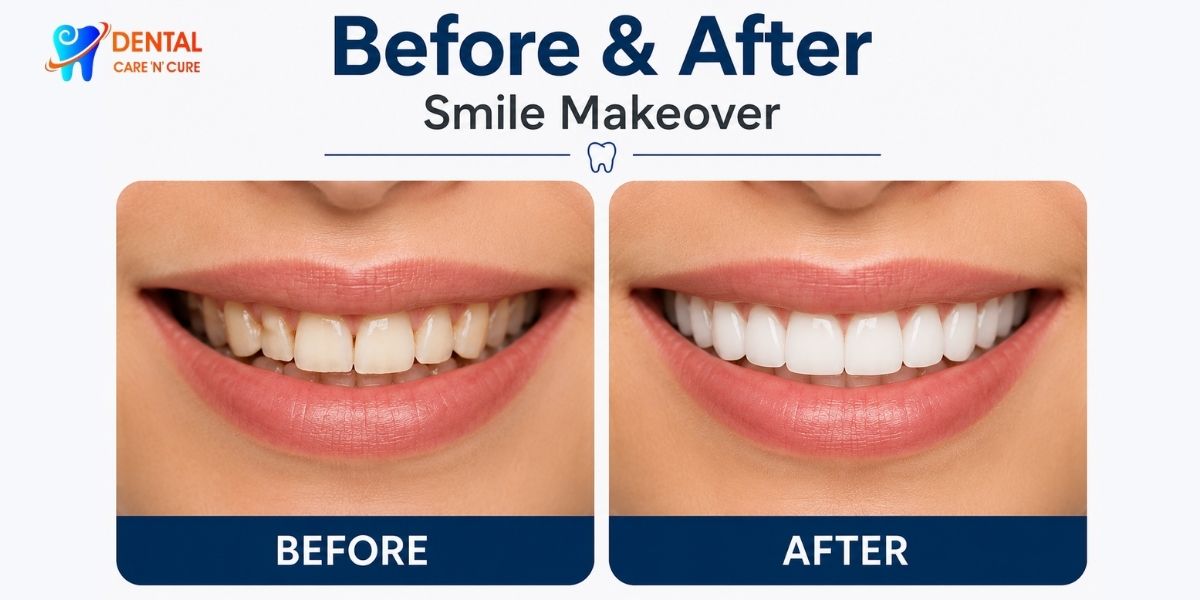 Smile makeover treatment in Delhi using Digital Smile Design for improving teeth color, shape, and alignment at Dental Care N Cure