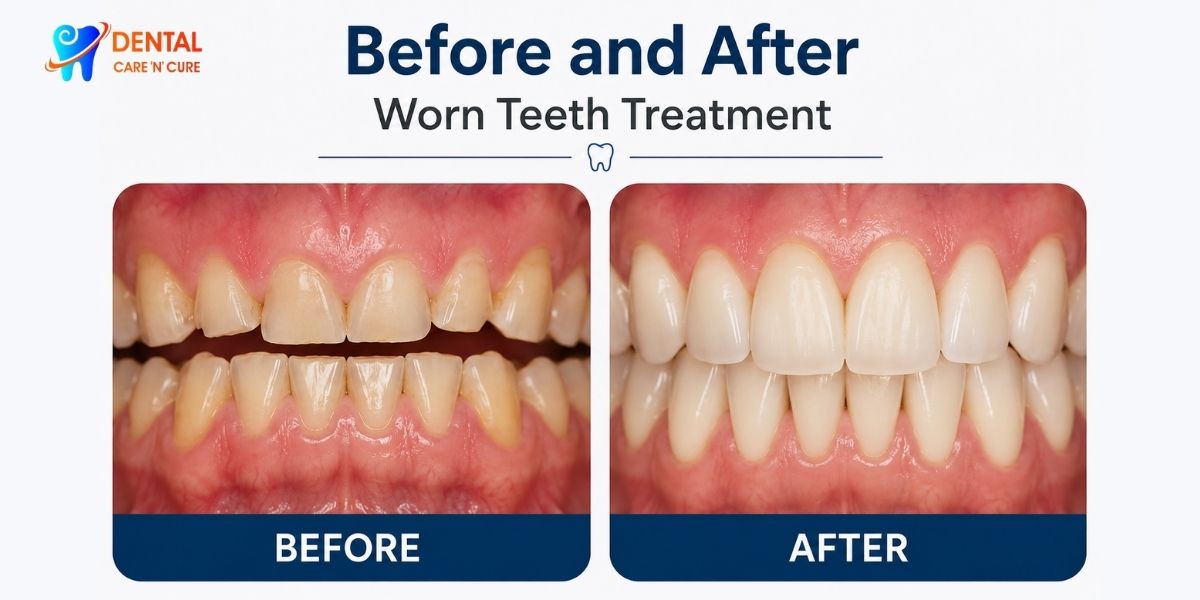 Worn teeth treatment in Delhi showing dental restoration for damaged, chipped, and enamel-worn teeth at Dental Care N Cure, Paschim Vihar